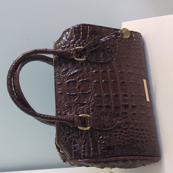 Handbags - Brown Handle Bag with Cross Body Shoulder Strap Crocodile Pattern Faux Leather